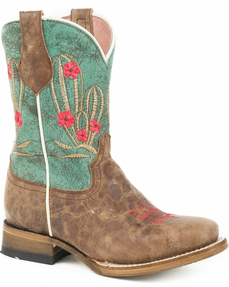 Boots * | Roper Girls' Cactus Cutie Burnished Brown/Turquoise Cowgirl Boots Square Toe Outlet