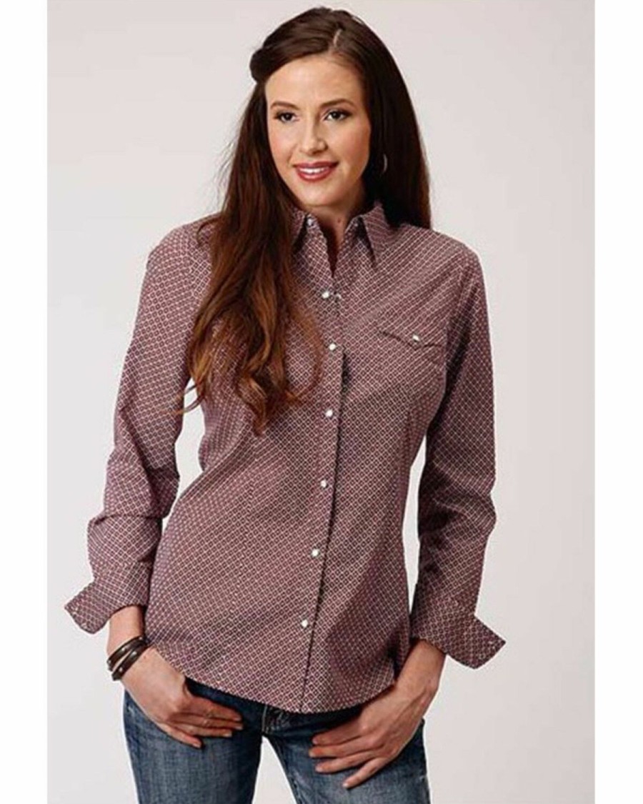 Clothing * | Roper Women'S Red Southwestern Puzzle Geo Print Long Sleeve Snap Western Core Shirt Sale