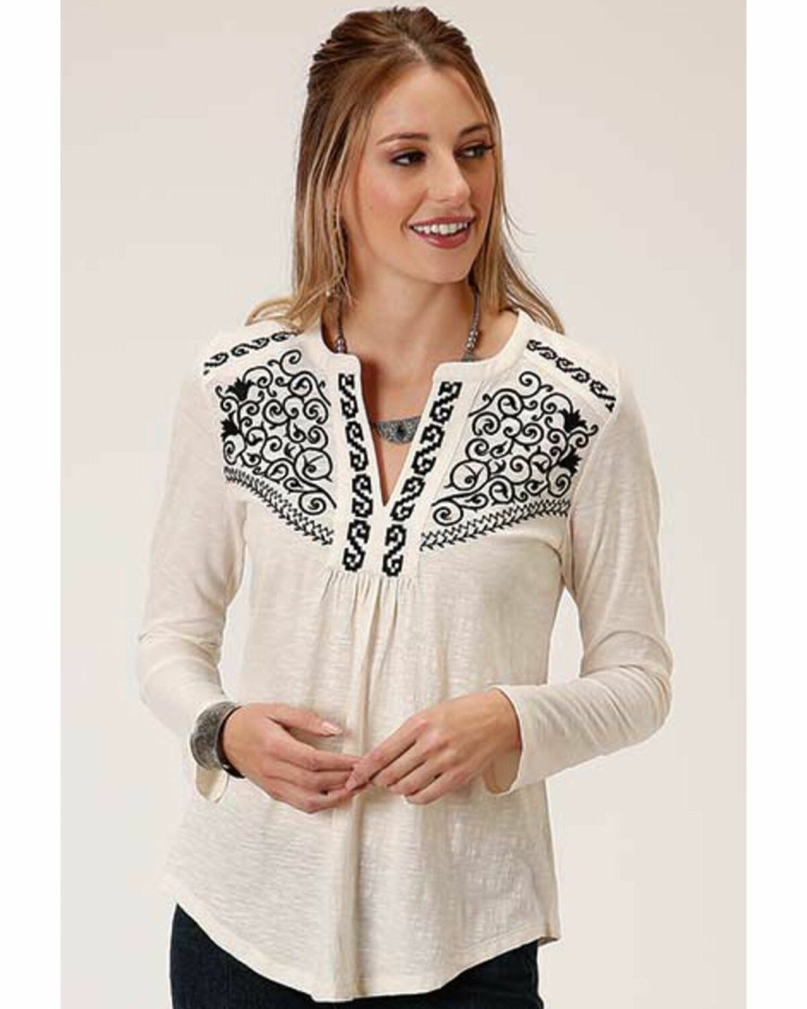 Clothing * | Roper Women'S Long Sleeve Cream Embroidered Top Outlet