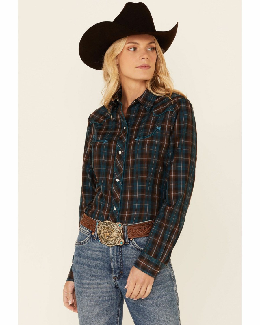 Clothing * | Roper Women'S Brown & Teal Plaid Piped Long Sleeve Snap Western Core Shirt Sale