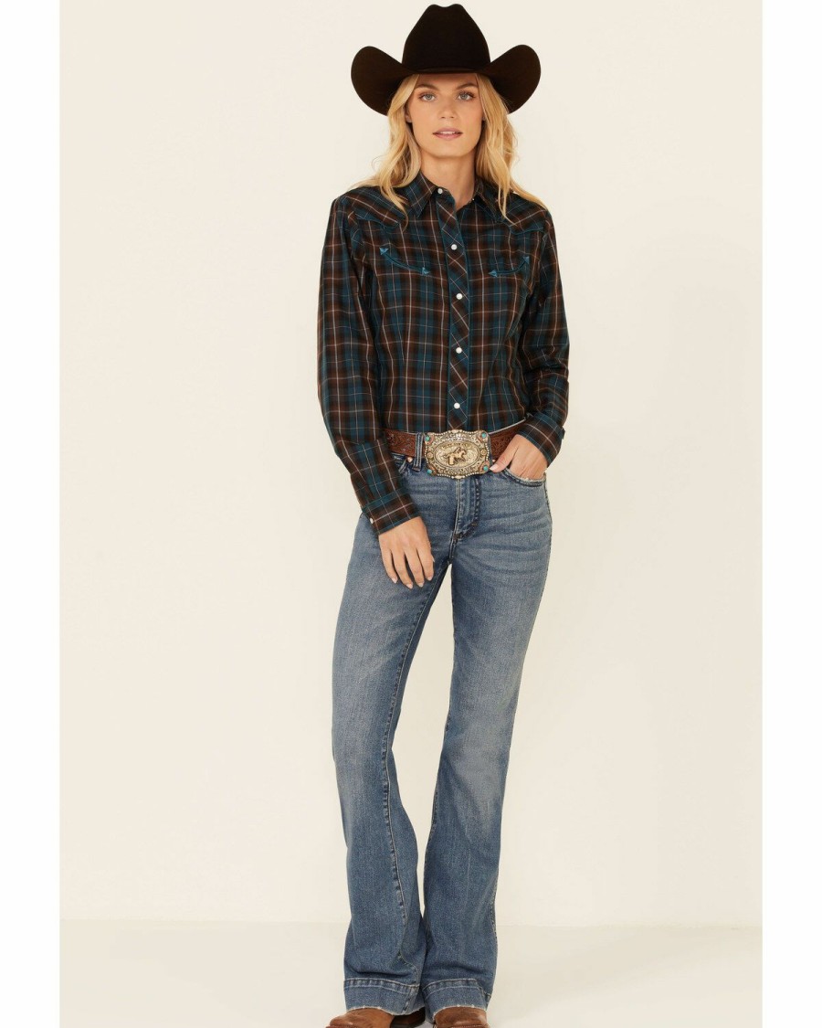 Clothing * | Roper Women'S Brown & Teal Plaid Piped Long Sleeve Snap Western Core Shirt Sale