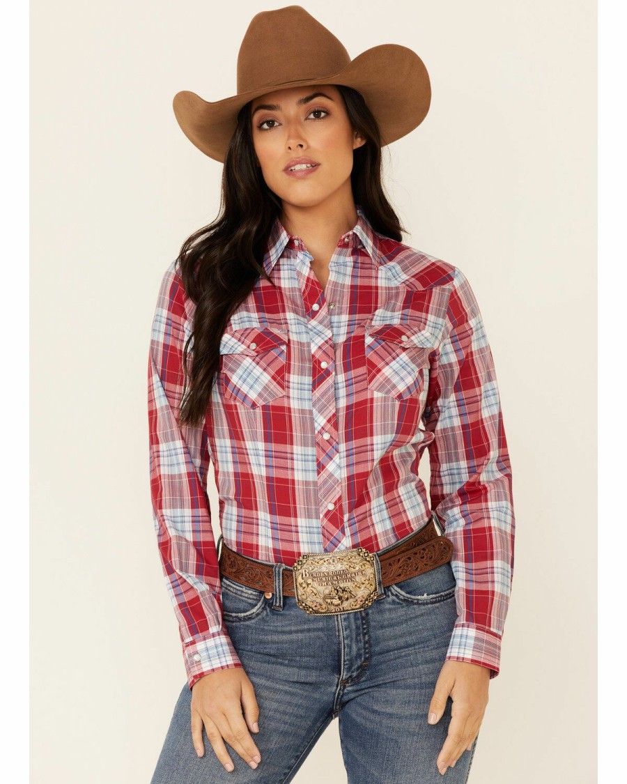 Clothing * | Roper Women'S Red Plaid Long Sleeve Snap Western Core Shirt Online