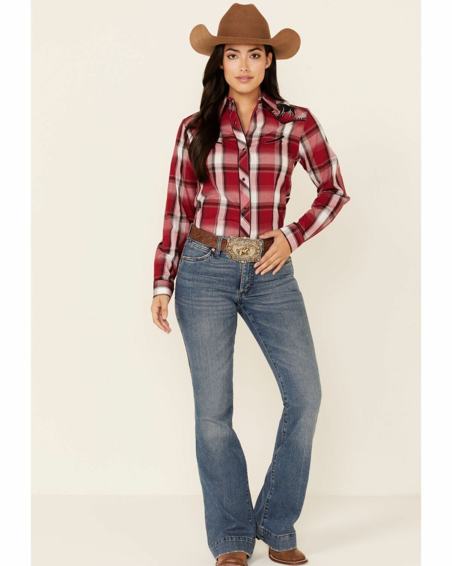 Clothing * | Roper Women'S Red Plaid Bull Embroidered Yoke Long Sleeve Snap Western Core Shirt Outlet