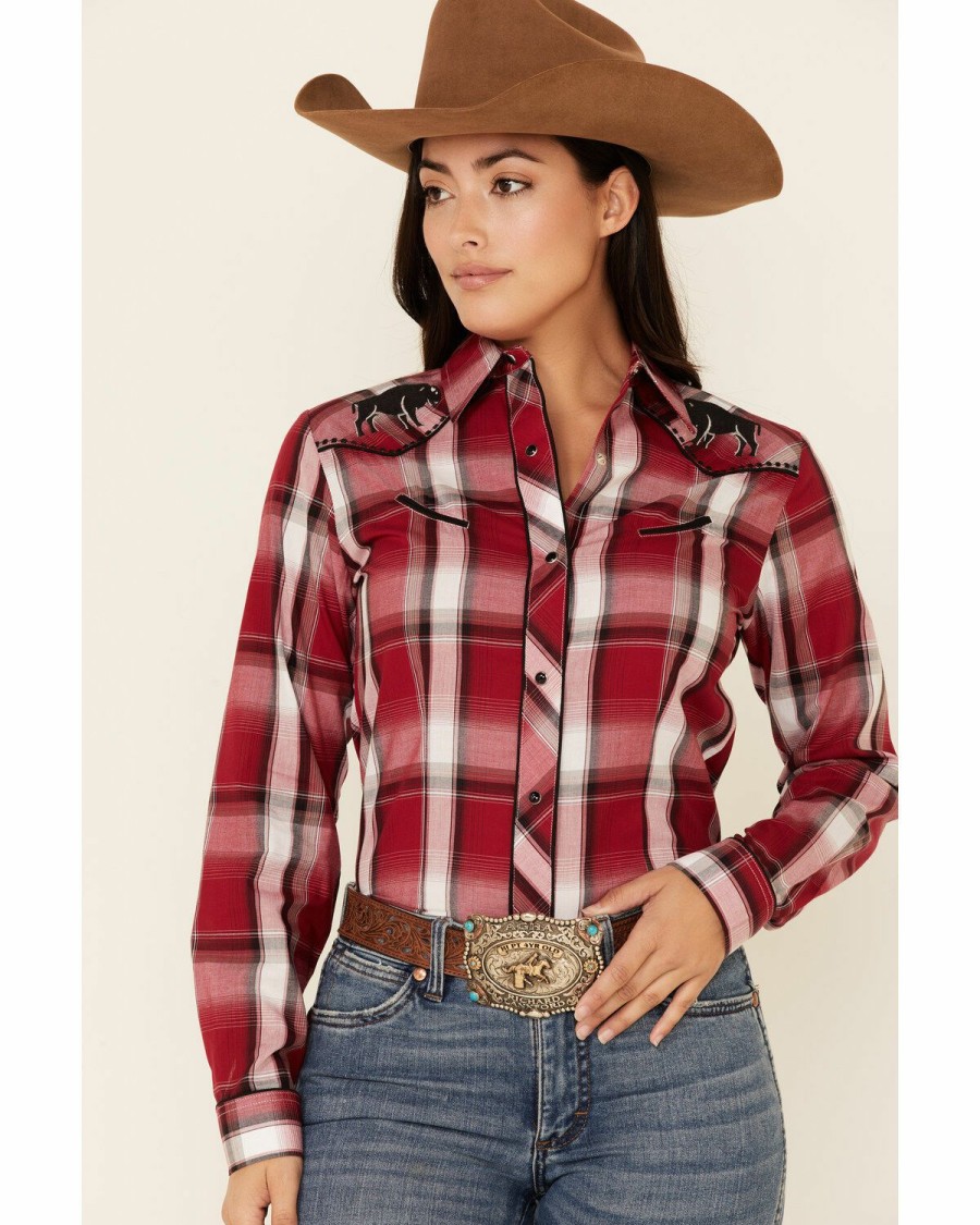 Clothing * | Roper Women'S Red Plaid Bull Embroidered Yoke Long Sleeve Snap Western Core Shirt Outlet