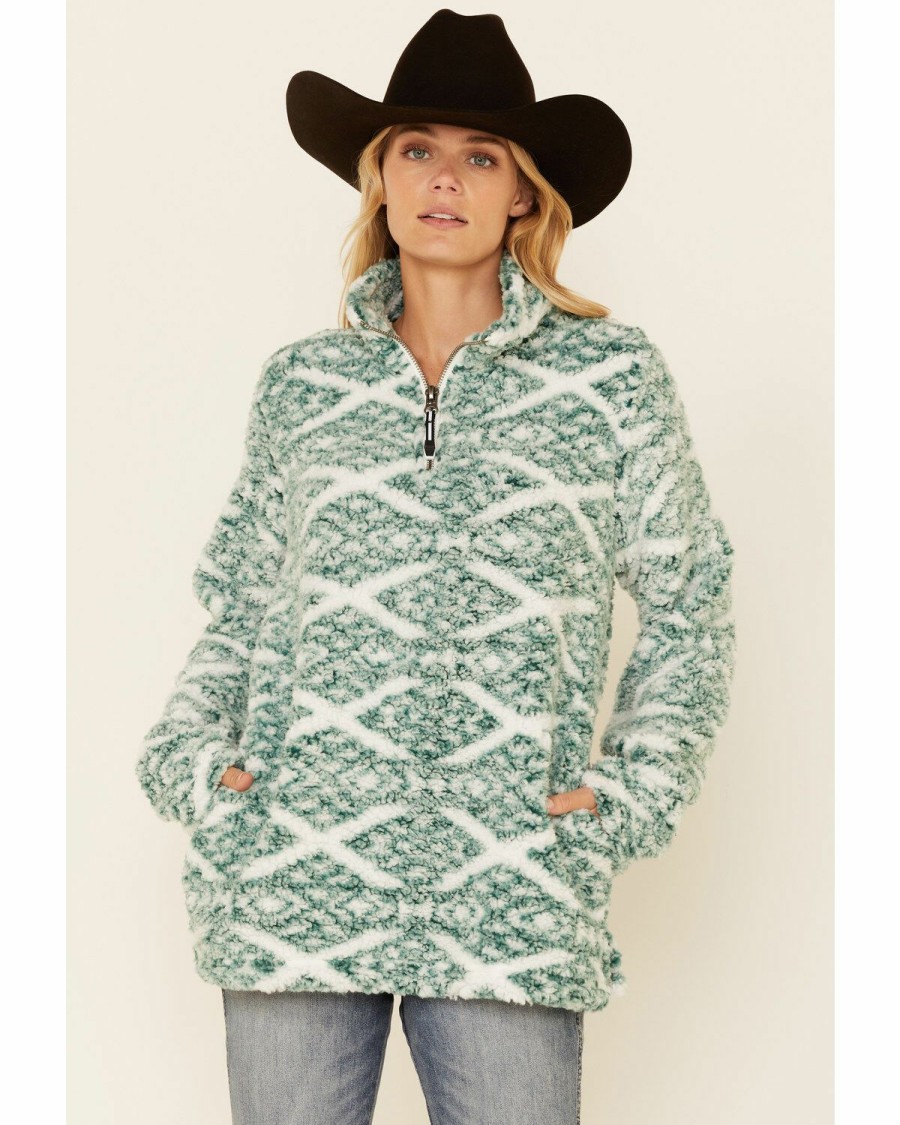 Clothing * | Roper Women'S Green Diamond Southwestern Print 1/4 Zip Polar Fleece Pullover Outlet