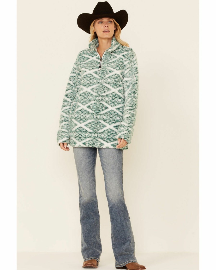 Clothing * | Roper Women'S Green Diamond Southwestern Print 1/4 Zip Polar Fleece Pullover Outlet