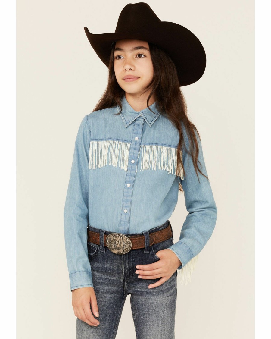 Clothing * | Roper Girls' Fringe Denim Long Sleeve Western Snap Shirt Discount