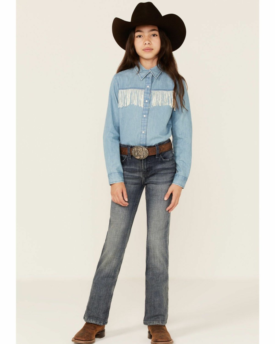 Clothing * | Roper Girls' Fringe Denim Long Sleeve Western Snap Shirt Discount