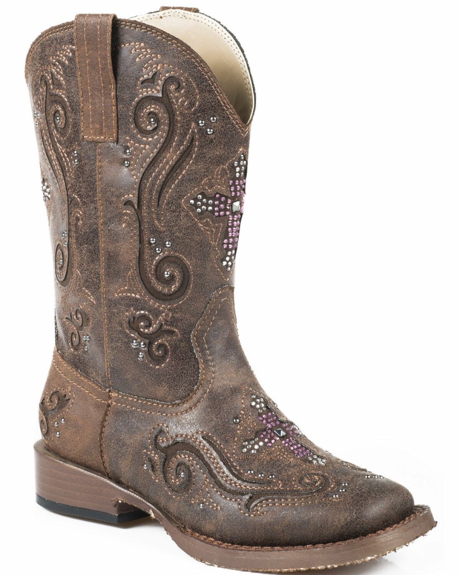 Western Boots * | Roper Kid'S Brown Faux Leather Cross Faith Western Boots Limited Edition