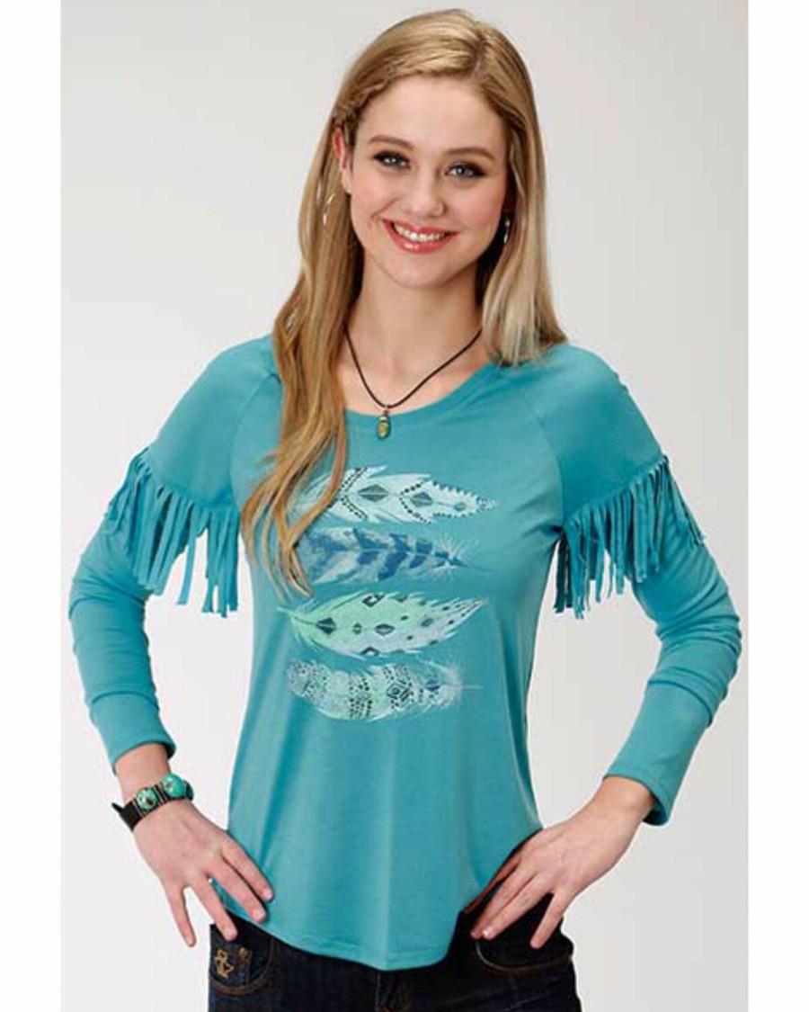 Clothing * | Roper Women'S Solid Blue Feather Graphic Long Sleeve Top Outlet