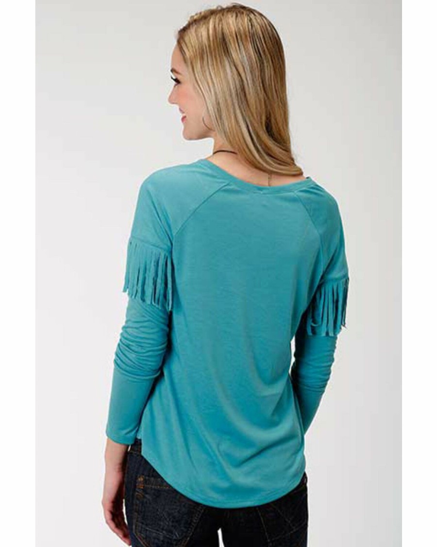 Clothing * | Roper Women'S Solid Blue Feather Graphic Long Sleeve Top Outlet