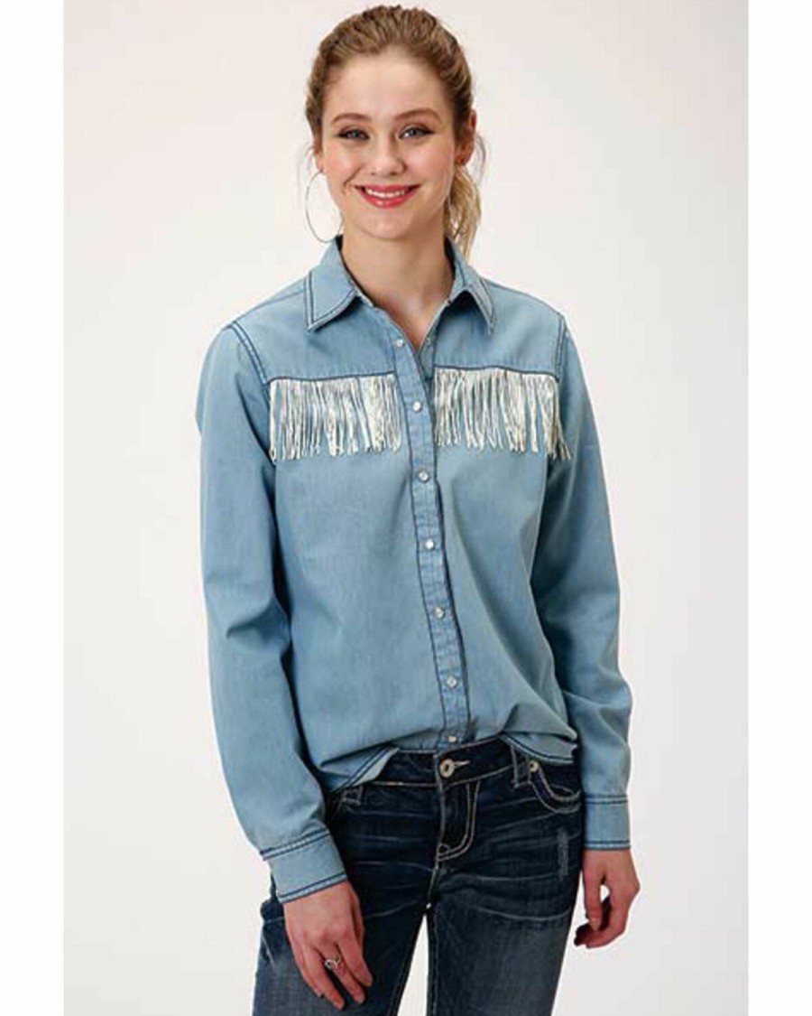 Clothing * | Roper Women'S Light Wash Long Sleeve Snap Western Core Denim Shirt Sale