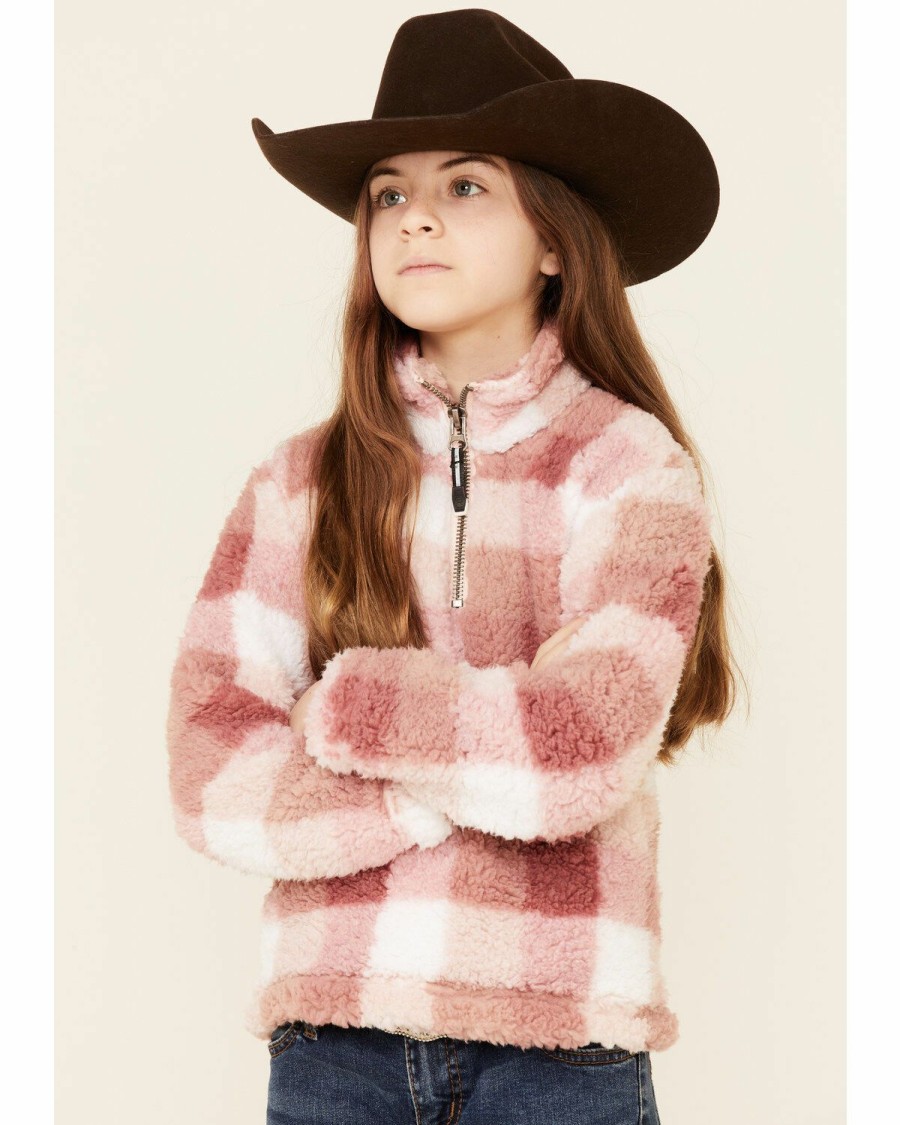 Clothing * | Roper Girls' Pink Buffalo Plaid Polar Fleece 1/4 Zip Pullover Limited Edition