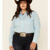 Clothing * | Roper Women'S Turquoise Plaid Long Sleeve Snap Western Core Shirt Plus Limited Edition