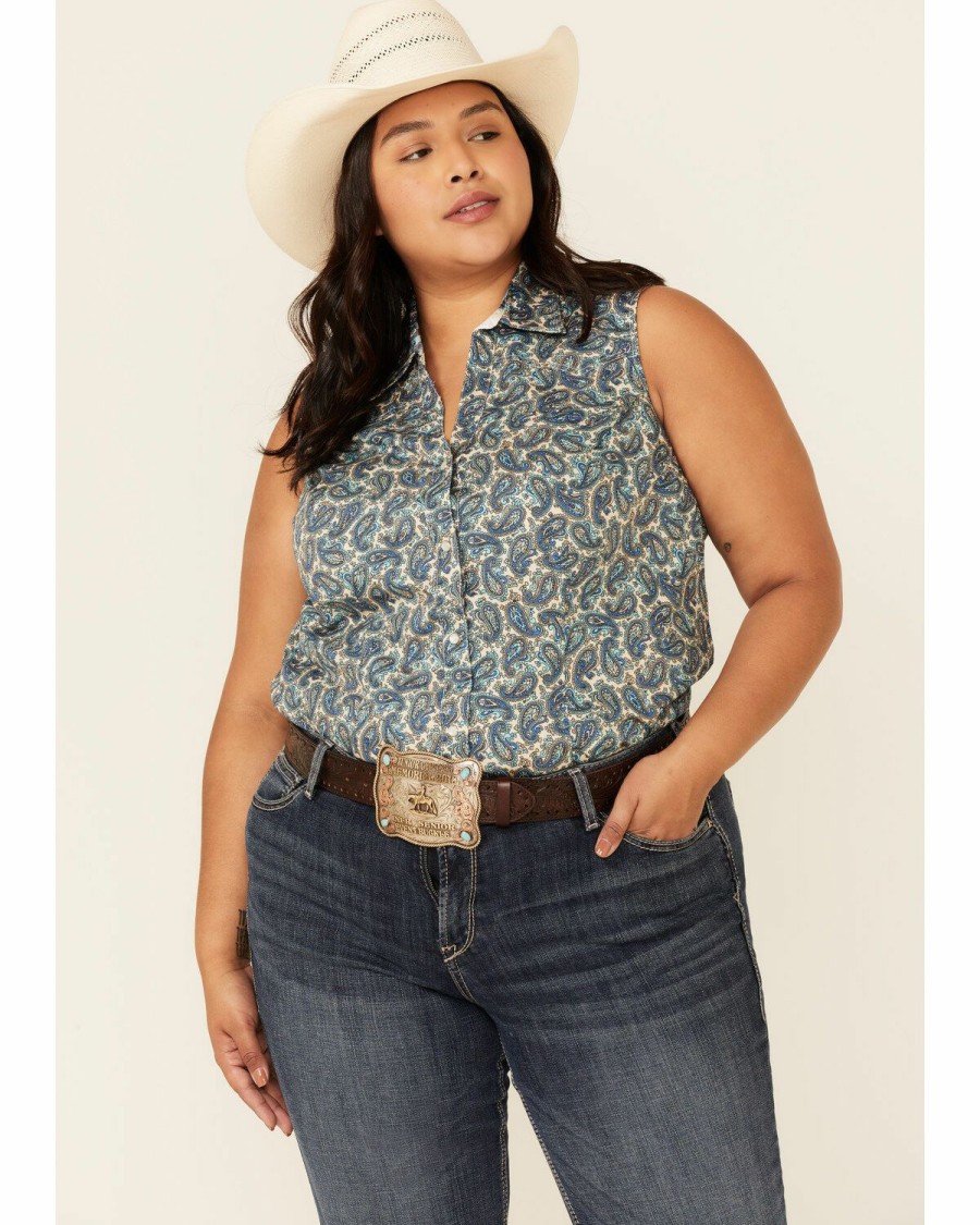 Clothing * | Roper Women'S Plaza Paisley Print Sleeveless Snap Western Core Shirt Plus Sale