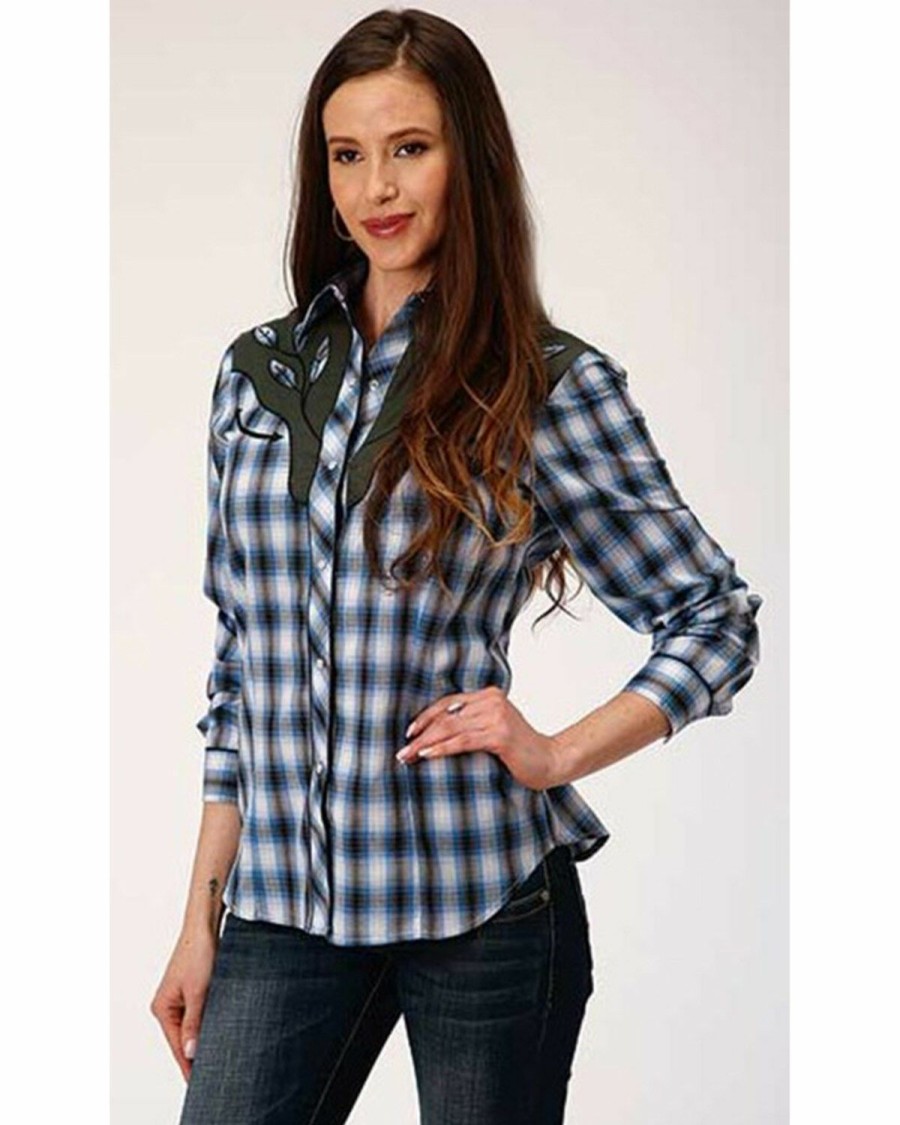 Clothing * | Roper Women'S Plaid Print Contrast Yoke Long Sleeve Western Snap Shirt Outlet