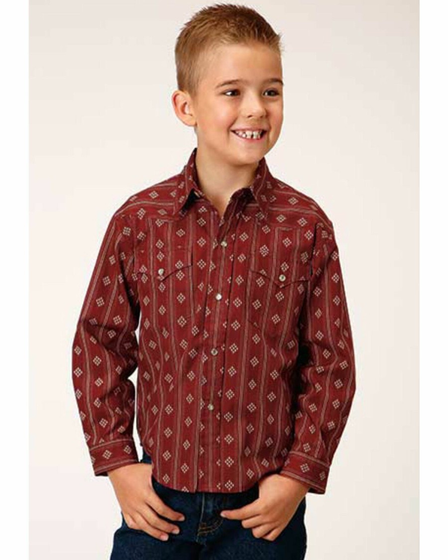 Clothing * | Roper Boys' Red Southwestern Print Long Sleeve Snap Shirt Online