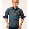 Clothing * | Roper Boys' Blue Southwestern Print Long Sleeve Snap Shirt Outlet