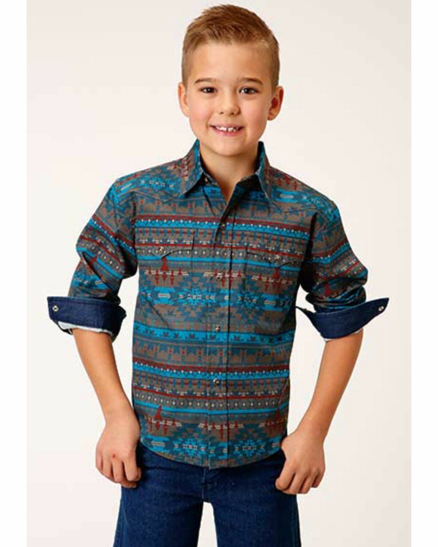 Clothing * | Roper Boys' Blue Southwestern Print Long Sleeve Snap Shirt Outlet