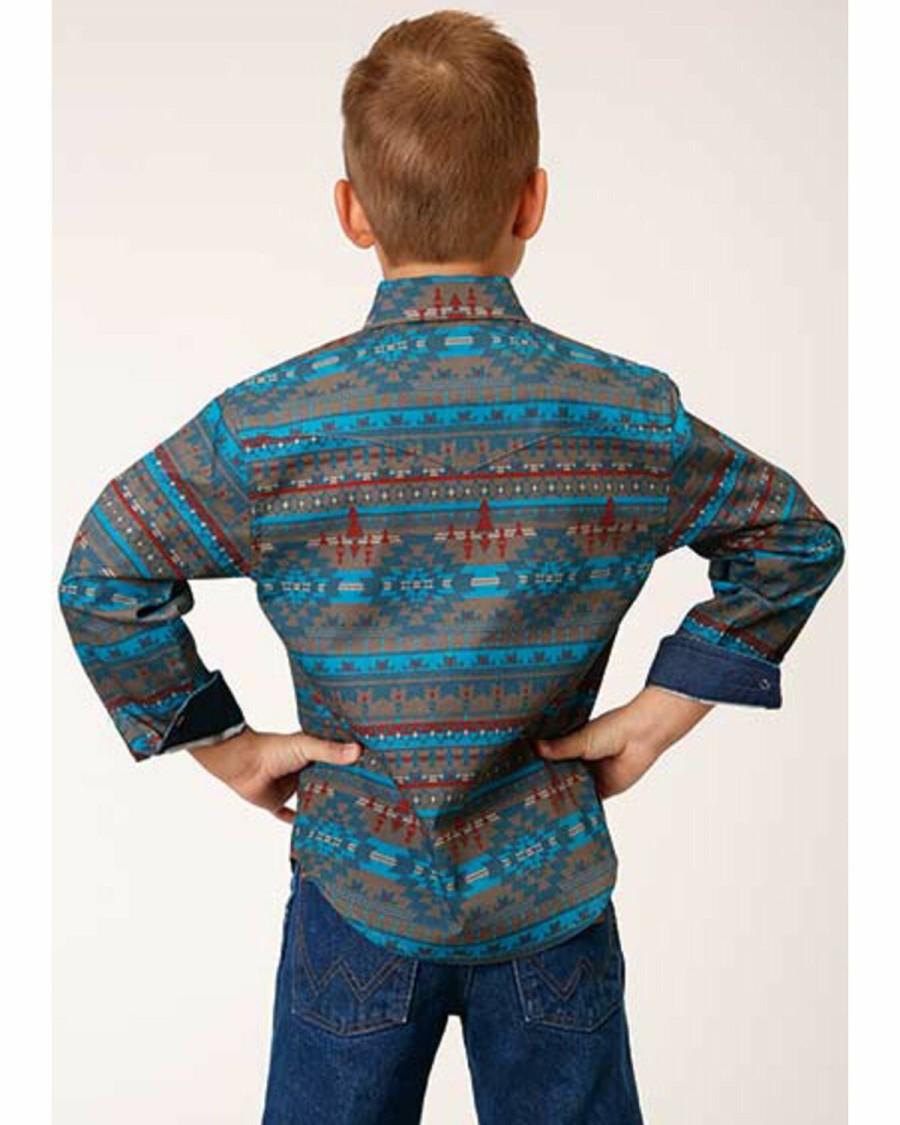 Clothing * | Roper Boys' Blue Southwestern Print Long Sleeve Snap Shirt Outlet