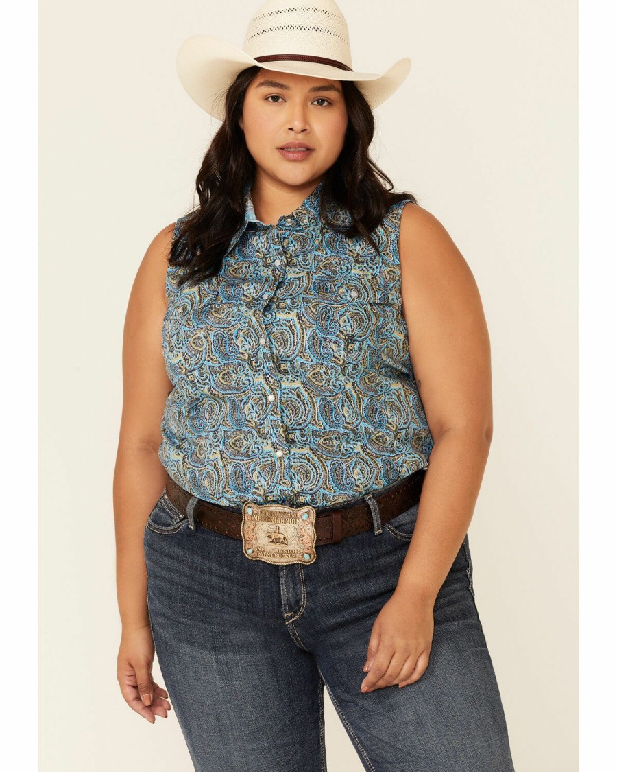 Western Shirt * | Roper Women'S Sweet Water Mosaic Paisley Print Sleeveless Snap Western Shirt Plus Sale