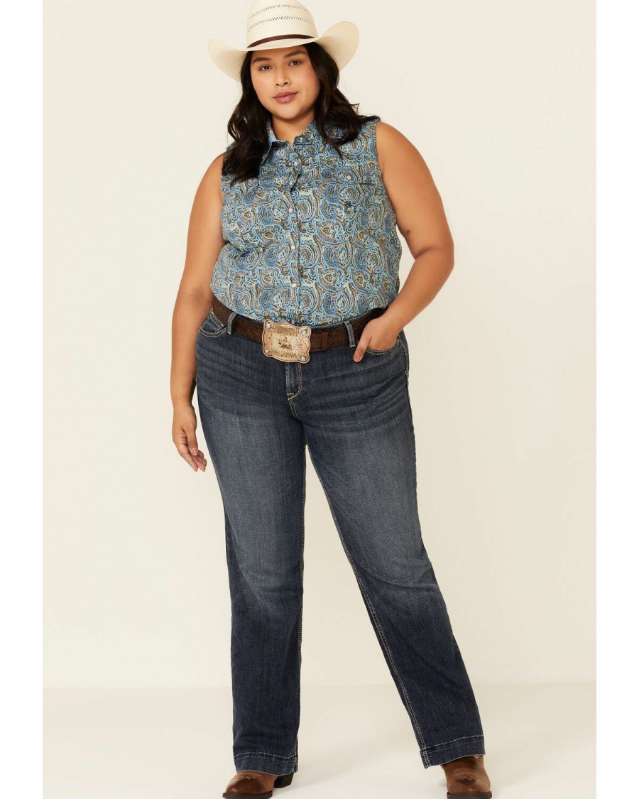 Western Shirt * | Roper Women'S Sweet Water Mosaic Paisley Print Sleeveless Snap Western Shirt Plus Sale