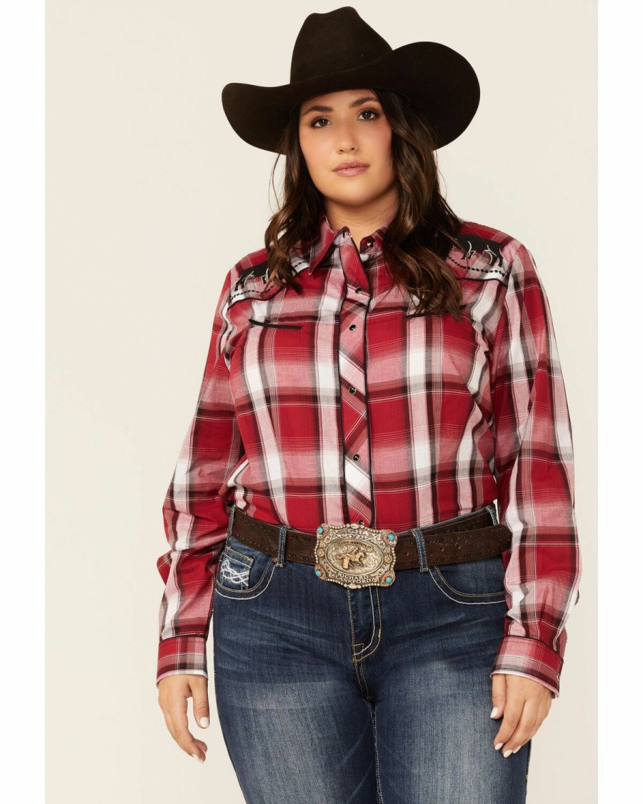 Clothing * | Roper Women'S Red Plaid Bull Embroidered Yoke Long Sleeve Snap Western Core Shirt Plus Outlet