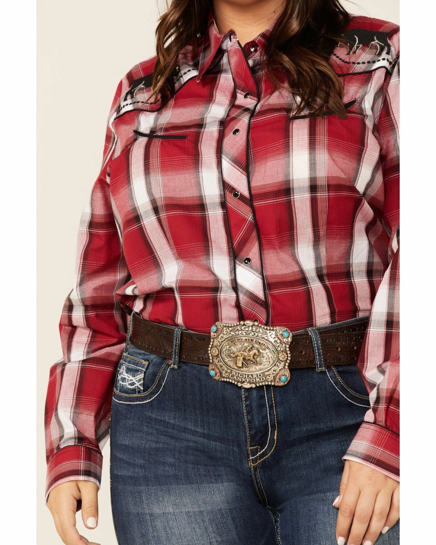 Clothing * | Roper Women'S Red Plaid Bull Embroidered Yoke Long Sleeve Snap Western Core Shirt Plus Outlet