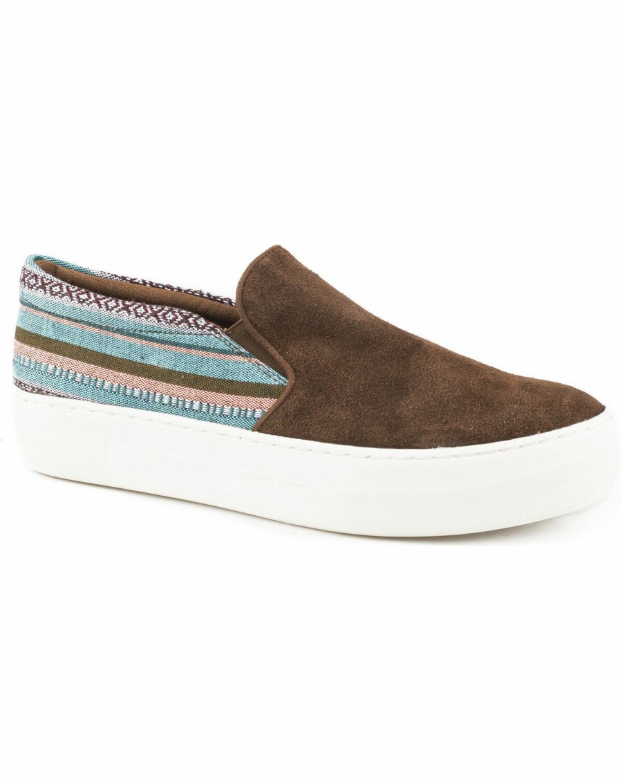 Shoes * | Roper Women'S Darcy Brown Suede Woven Stripe Slip On Shoes Round Toe Online