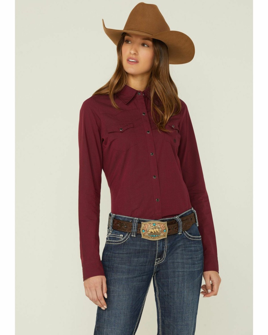 Western Shirt * | Roper Women'S Solid Wine Long Sleeve Snap Western Shirt Discount