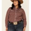 Clothing * | Roper Women'S Classic Burgundy Floral Print Long Sleeve Snap Western Core Shirt Plus Online