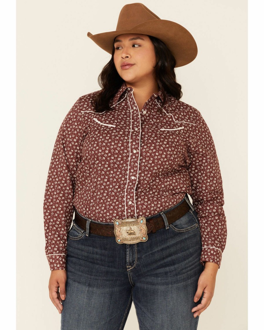 Clothing * | Roper Women'S Classic Burgundy Floral Print Long Sleeve Snap Western Core Shirt Plus Online