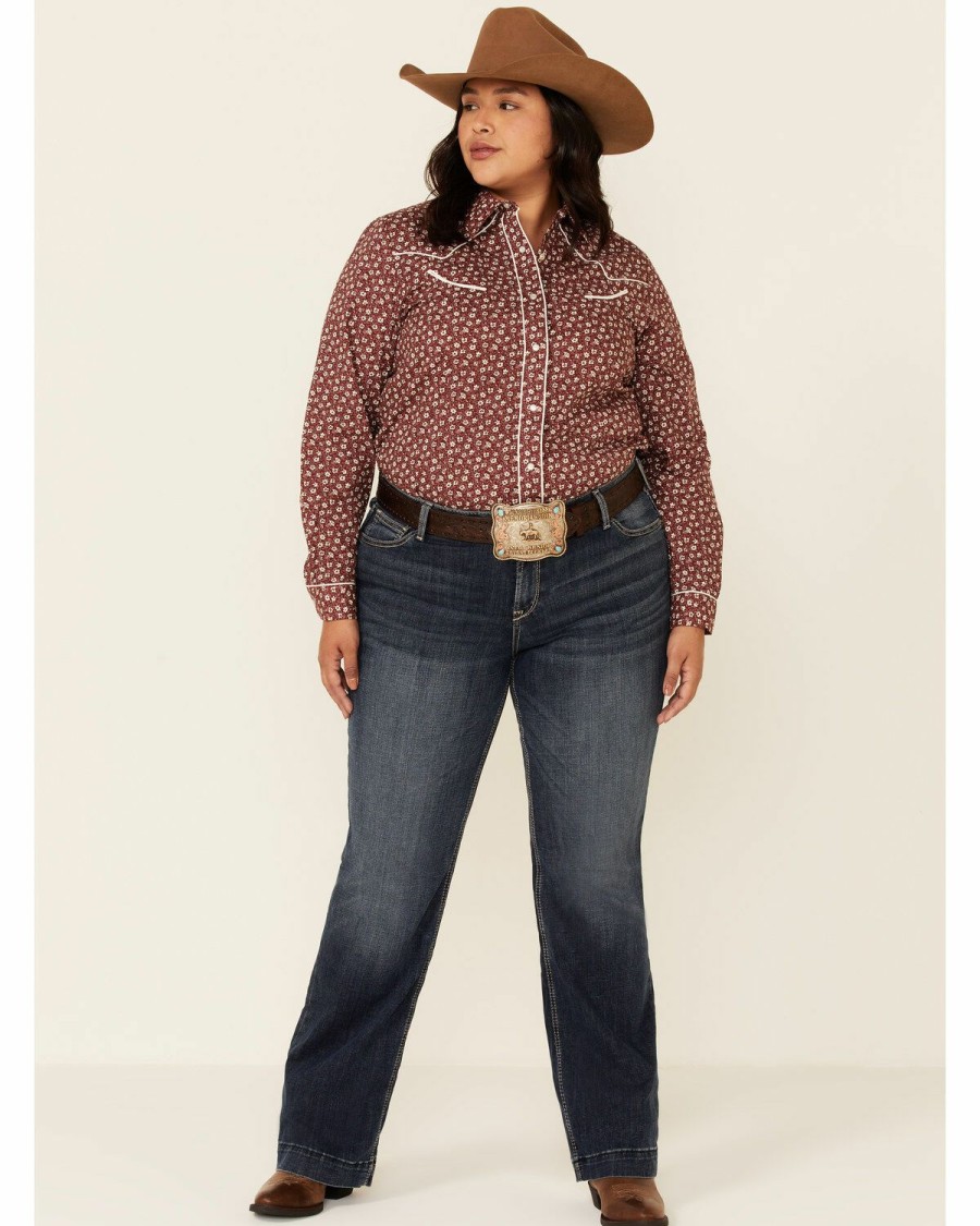 Clothing * | Roper Women'S Classic Burgundy Floral Print Long Sleeve Snap Western Core Shirt Plus Online