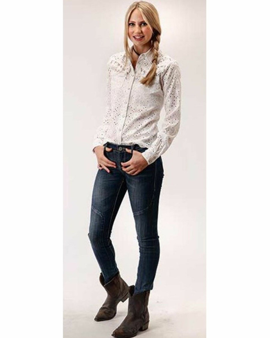 Western Shirt * | Roper Women'S White Floral Eyelet Long Sleeve Snap Western Shirt Limited Edition