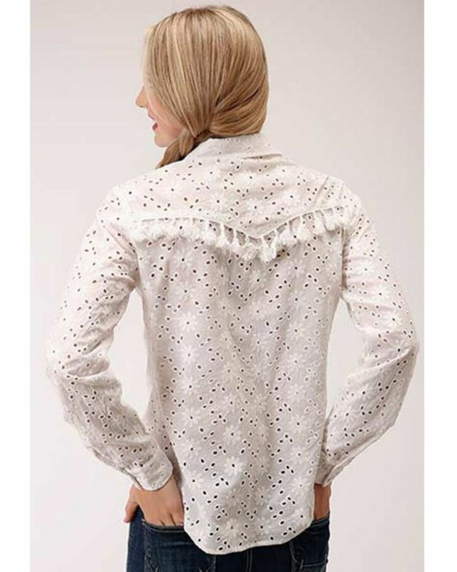 Western Shirt * | Roper Women'S White Floral Eyelet Long Sleeve Snap Western Shirt Limited Edition