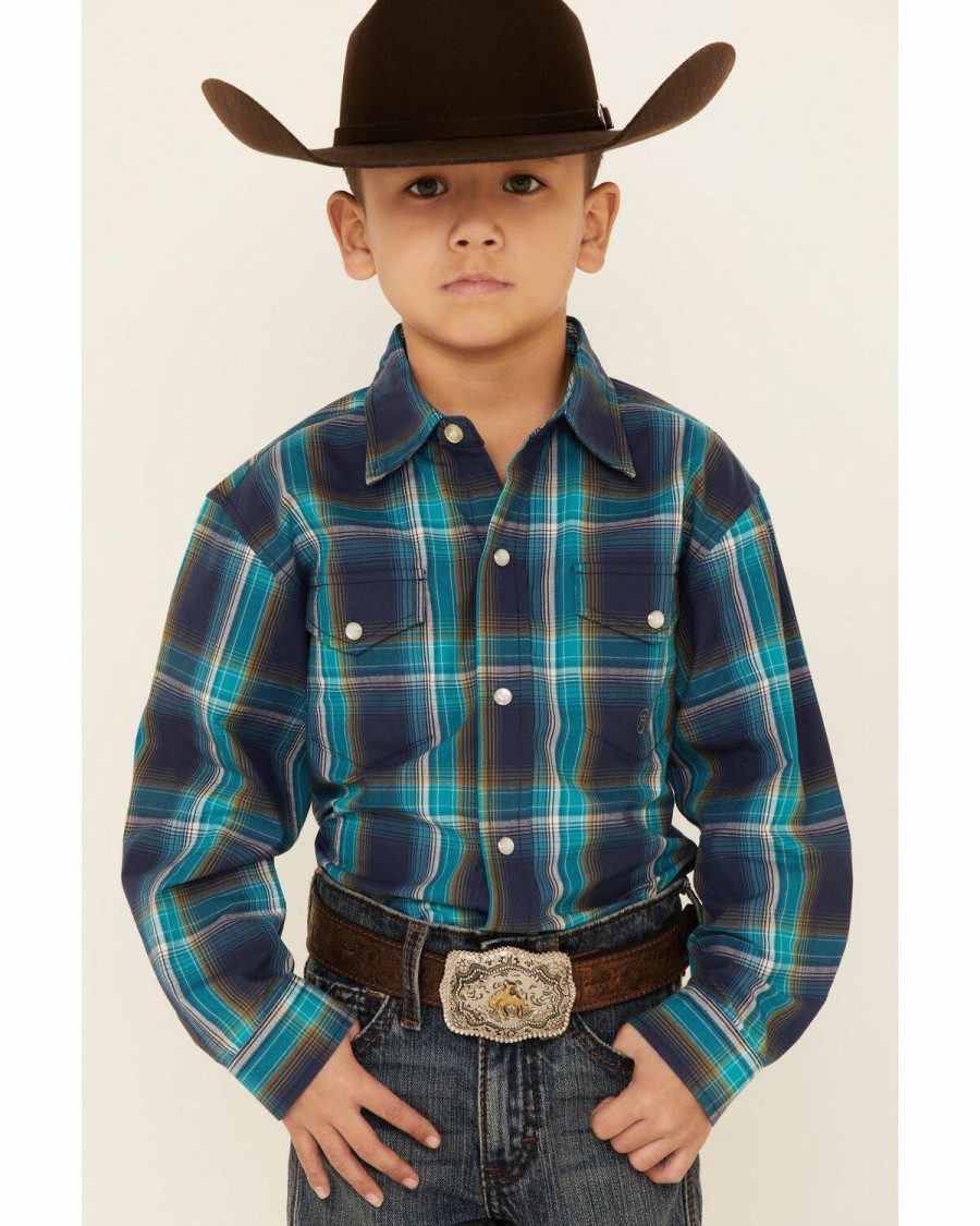 Western Shirt * | Amarillo Boys' Cool Pines Shadow Plaid Long Sleeve Snap Western Shirt Roper Limited Edition