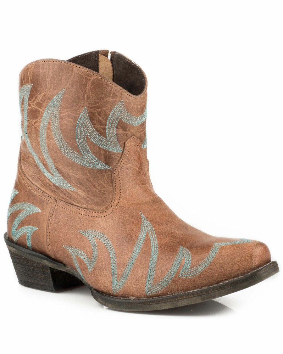 Boots * | Roper Women'S Phoenix Tan Embroidered Booties Snip Toe Sale