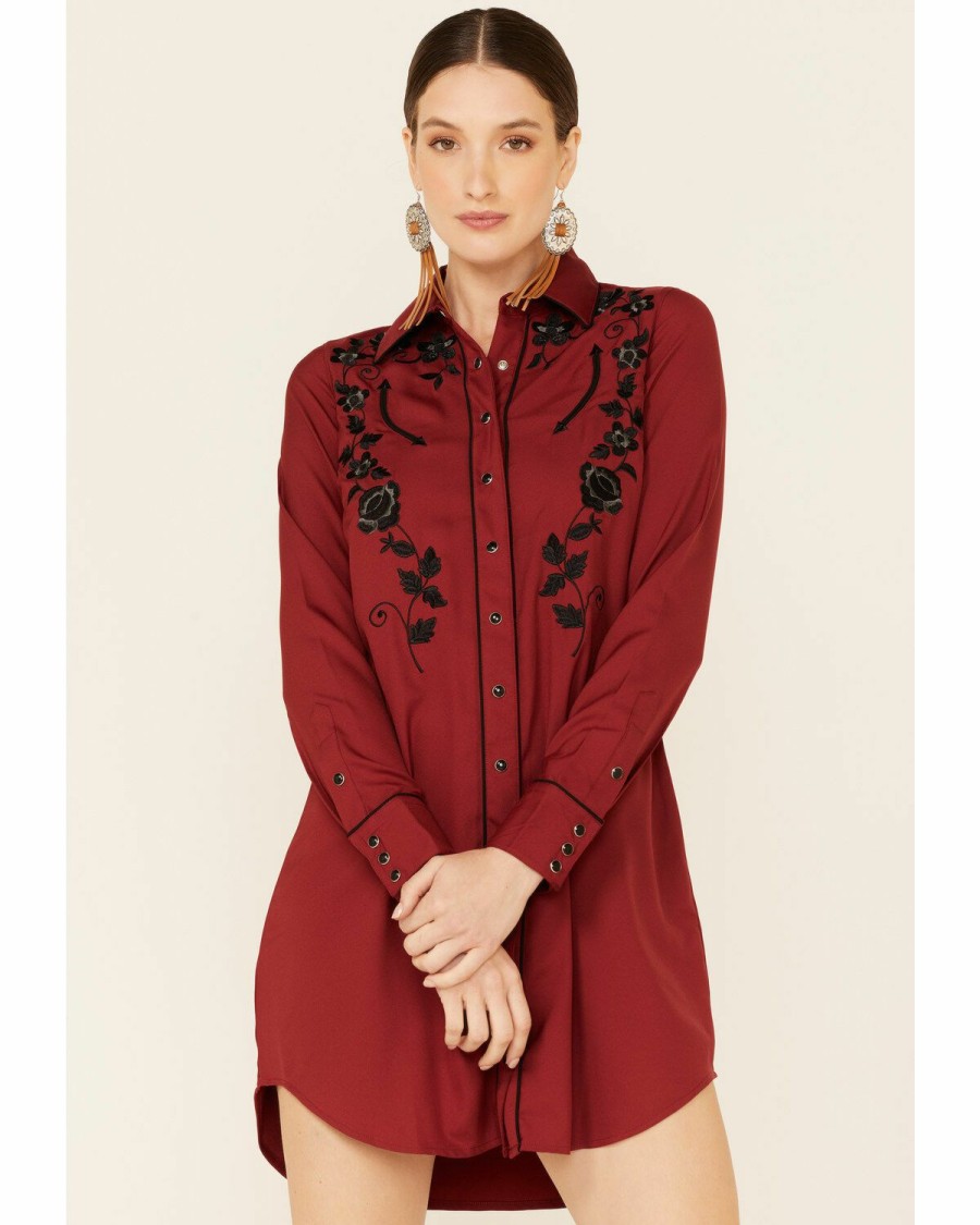 Clothing * | Roper Women'S Long Sleeve Rose Embroidered Snap Shirt Dress Discount