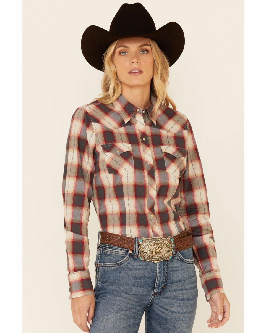 Clothing * | Roper Women'S Red & Charcoal Dobby Plaid Long Sleeve Snap Western Core Shirt Limited Edition