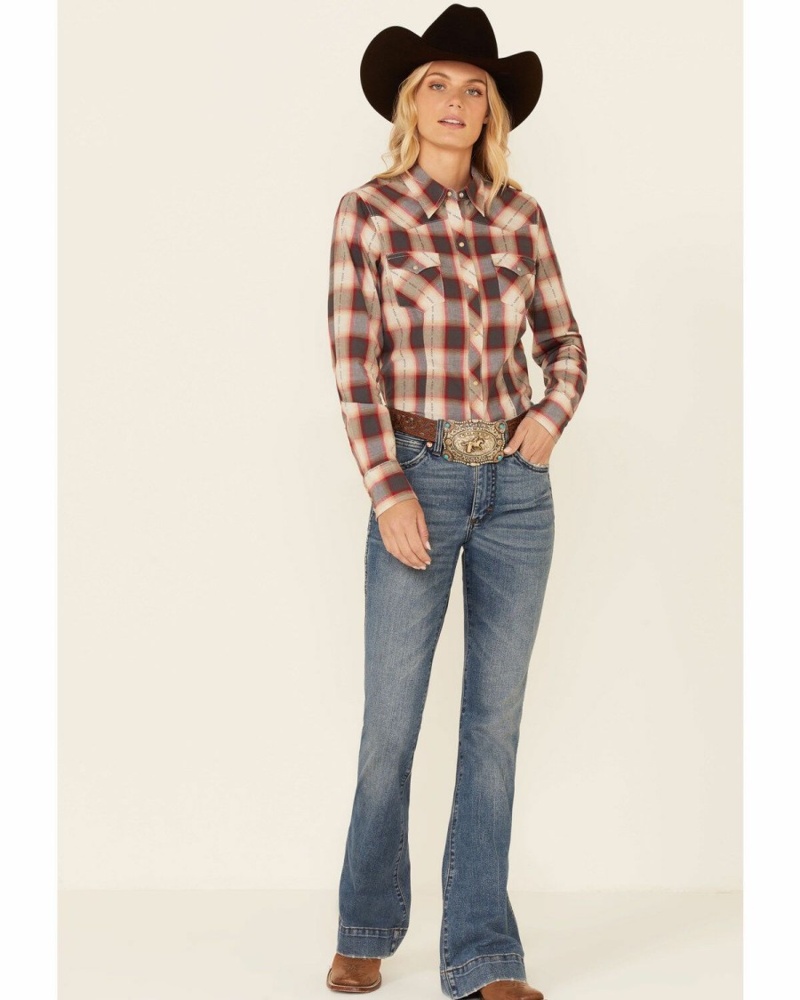 Clothing * | Roper Women'S Red & Charcoal Dobby Plaid Long Sleeve Snap Western Core Shirt Limited Edition